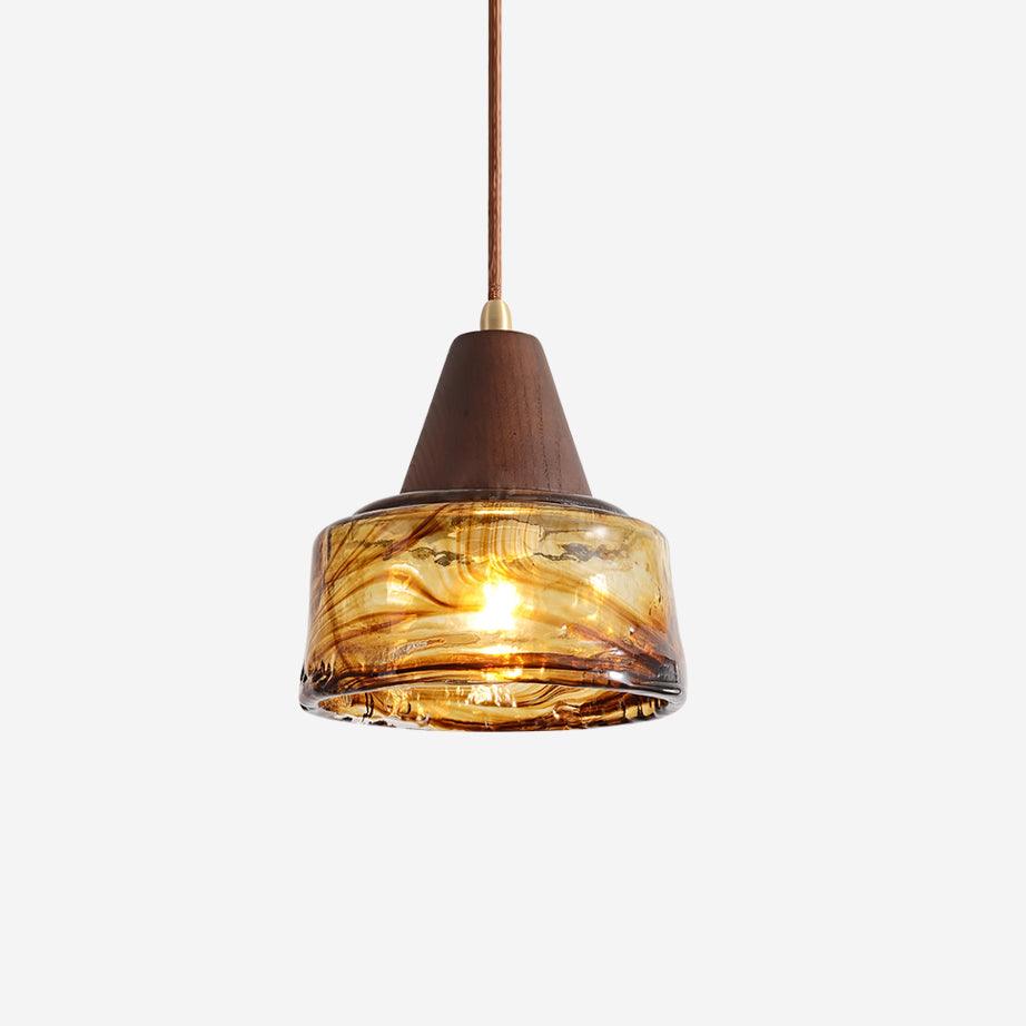 Amber Glass Shade Pendant Lamp With Wood Top For Warm Glow
